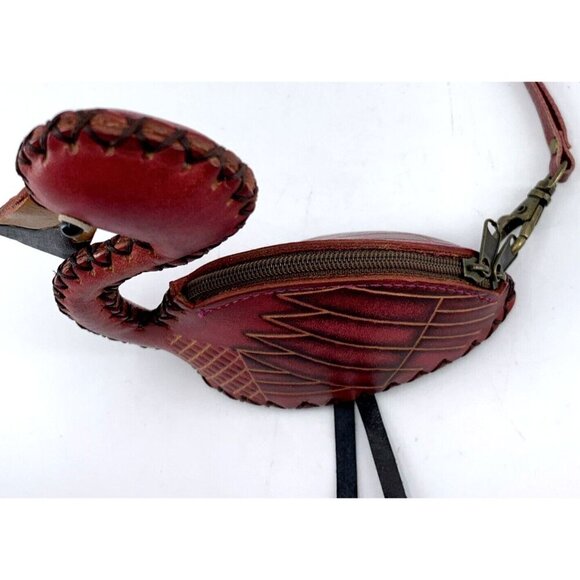 Flamingo Wristlet Leather Purse Figural Hand Crafted Tooled Overstitched 5 x 5" - Picture 10 of 11